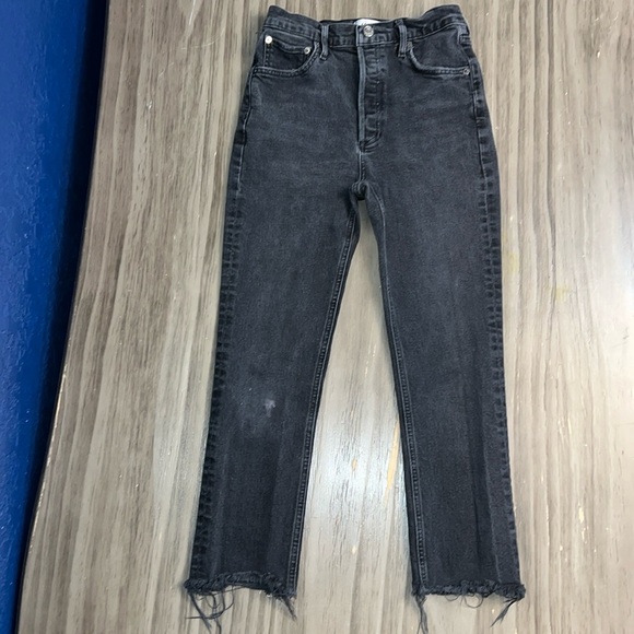 AGOLDE RILEY STRAIGHT LEG CROPPED HIGH RISE RAW HEM BLACK JEANS 26 - Picture 2 of 16